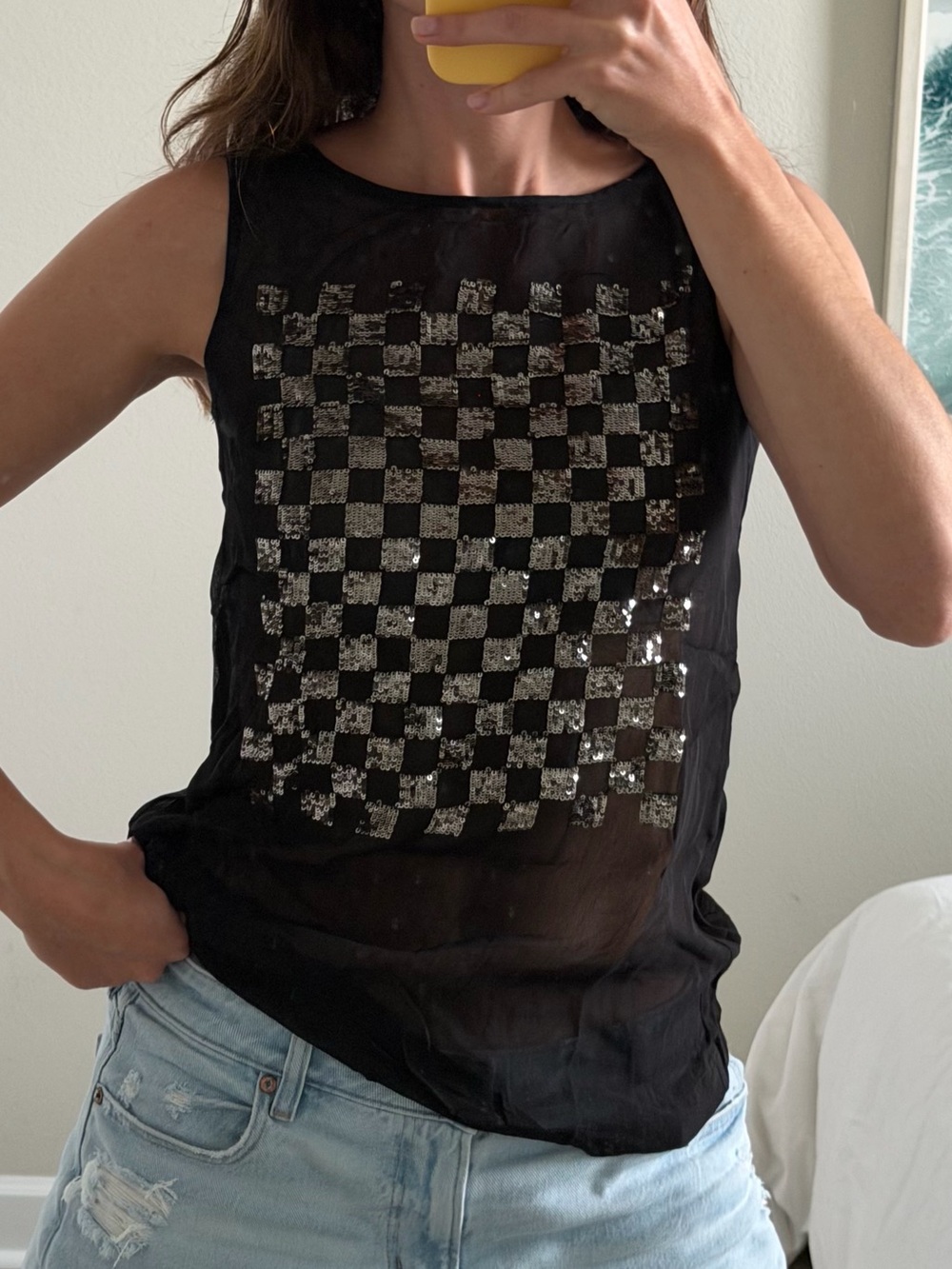 French Connection Black Top with Metallic Sequin Checkered Front